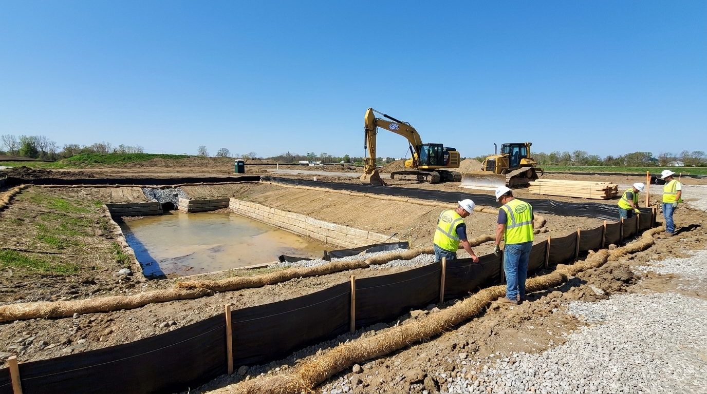 Image: Construction site with visible erosion controls, silt fences, and stormwater BMPs in place under a clear sky