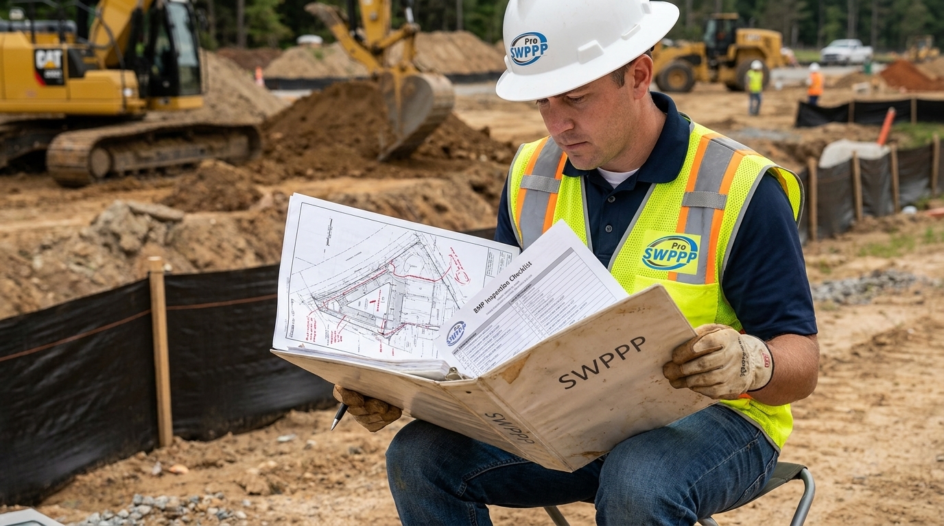 Image: Close-up of a construction inspector reviewing a SWPPP binder with site map and BMP checklist visible