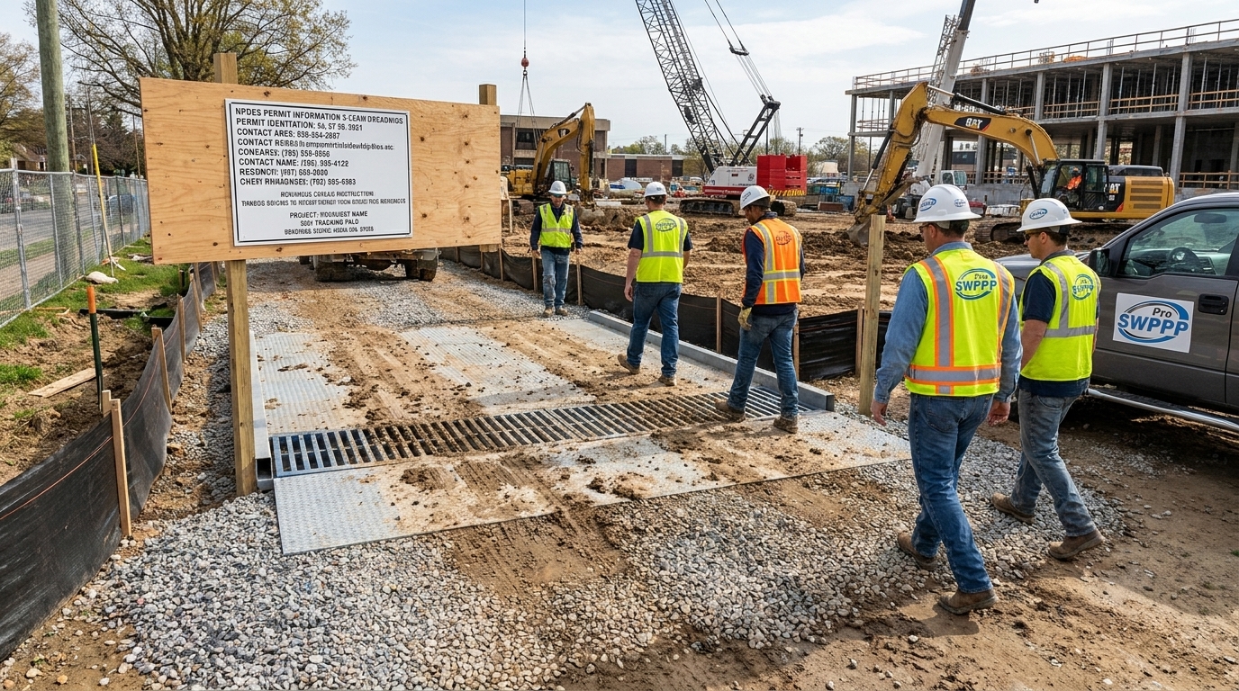 Image: Construction site entrance with tracking pad and project signage showing NPDES permit information
