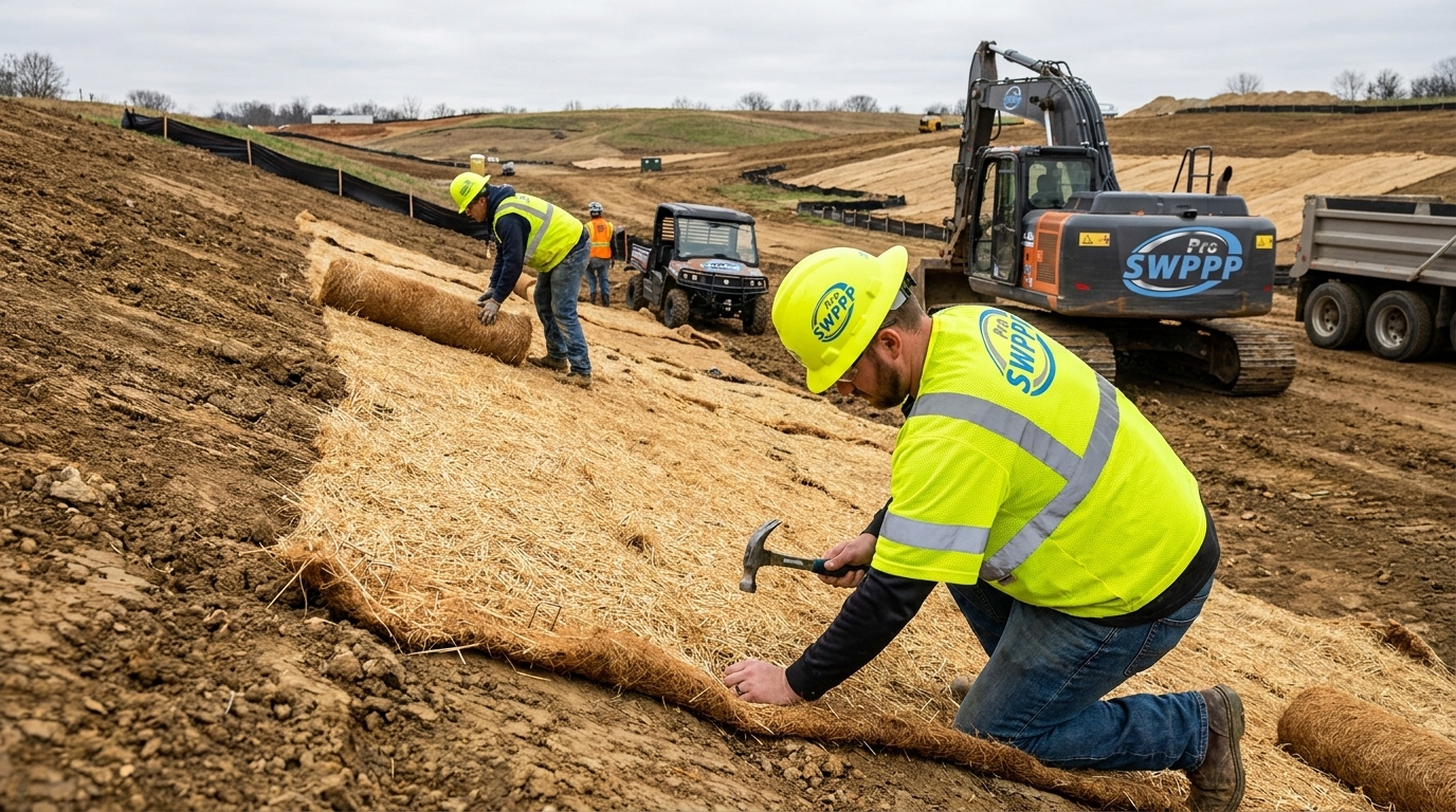 Image: Construction worker installing erosion control blanket on a steep slope with equipment in background