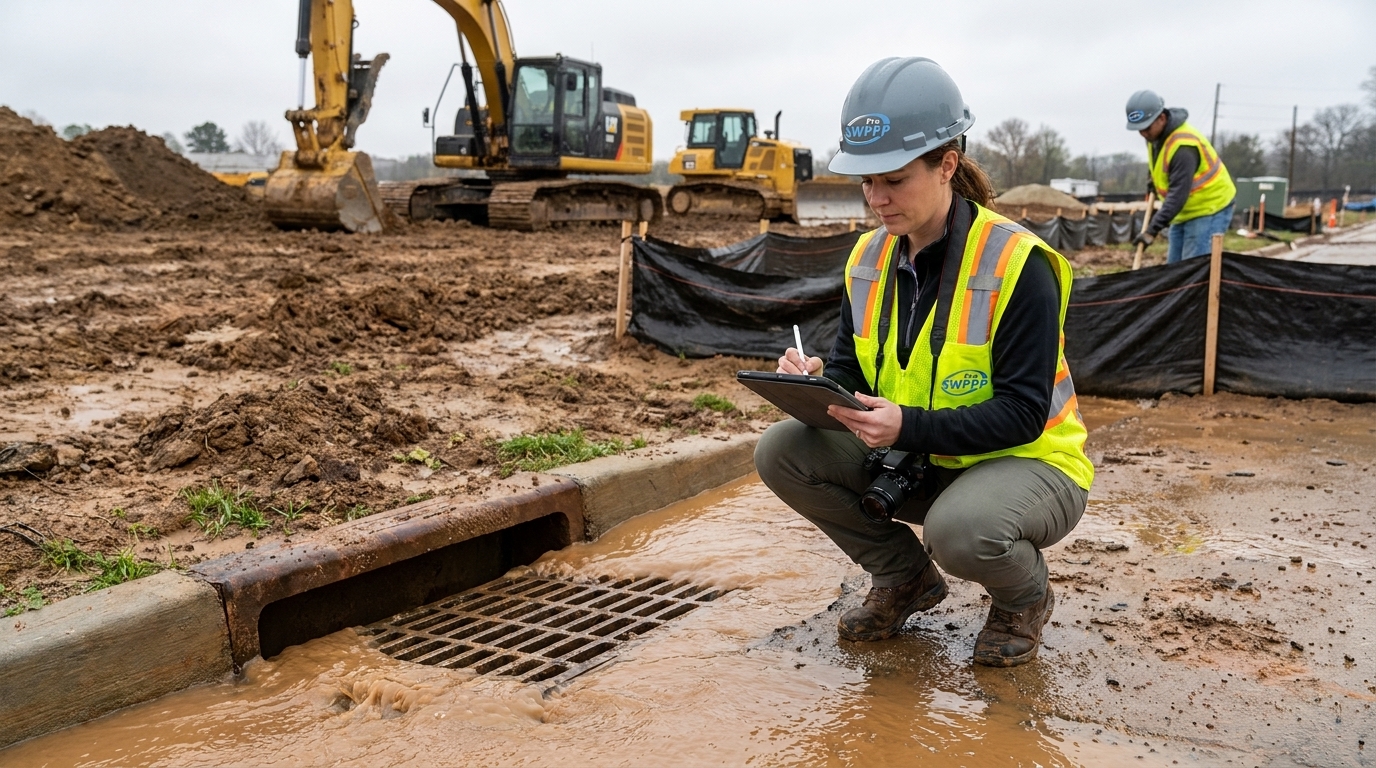 Construction site with visible sediment runoff into storm drain and inspector documenting violations