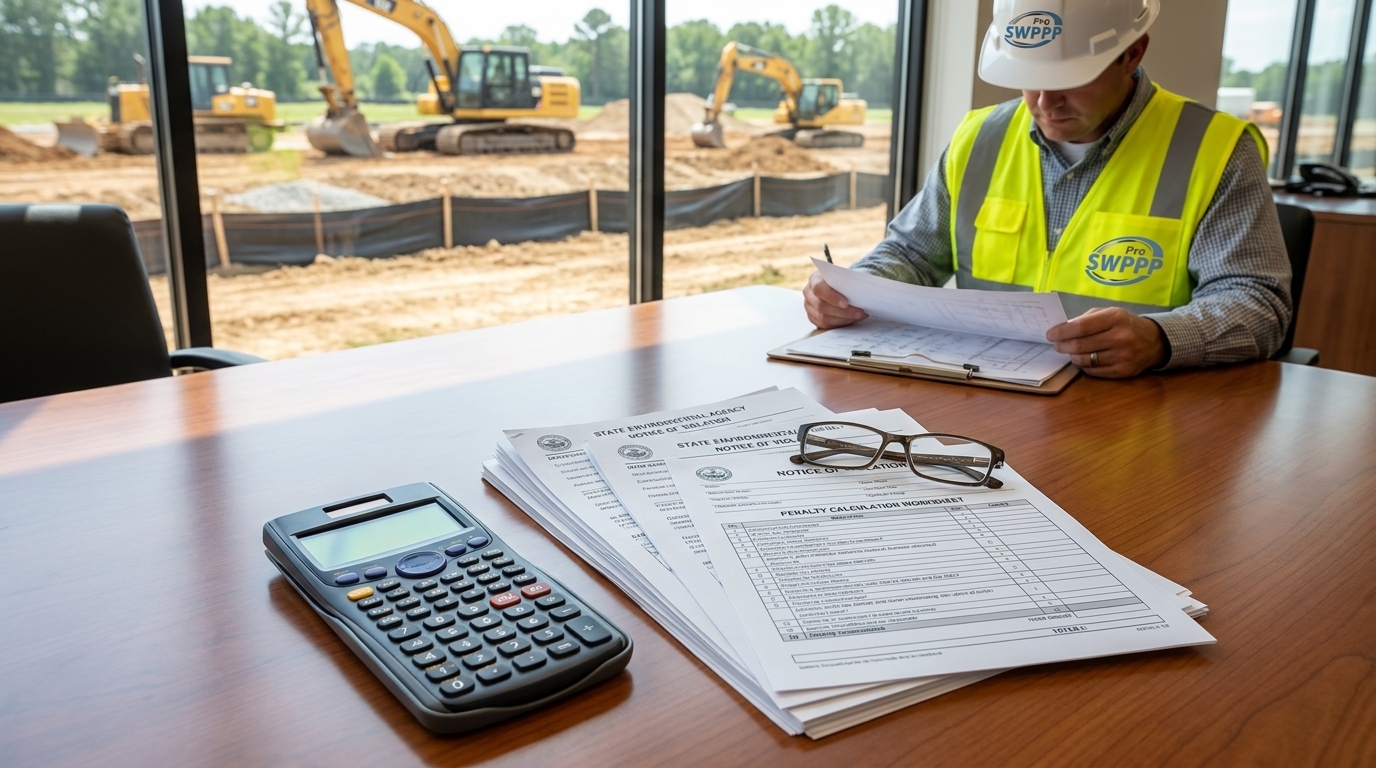 Calculator and enforcement documents with penalty worksheet visible