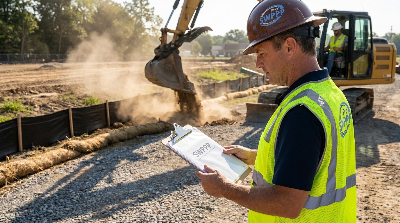 Contractor standing at construction site entrance holding a clipboard with SWPPP document while excavator works in background