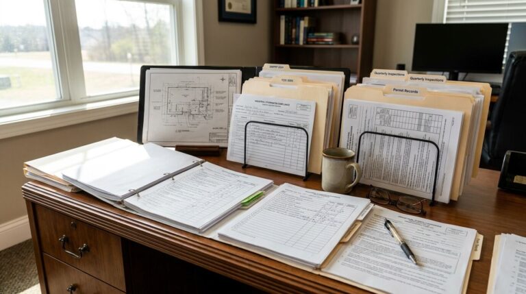 Industrial facility stormwater documentation scene with permit paperwork and compliance records