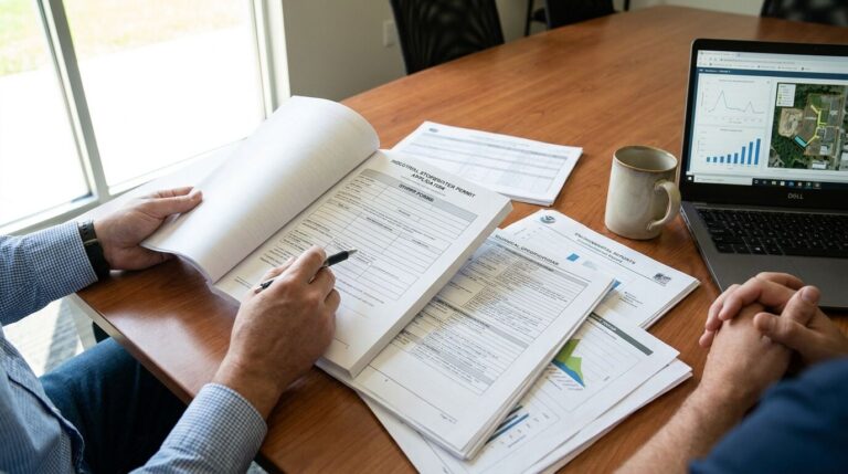 Industrial stormwater permit application review scene with regulatory documents