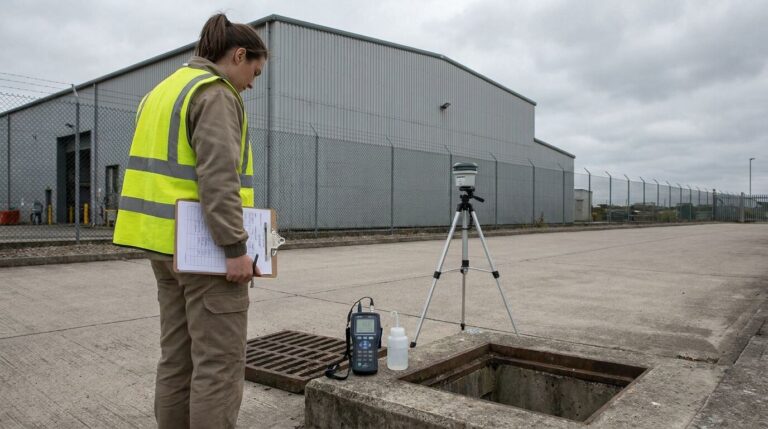 Industrial facility compliance inspection scene with stormwater monitoring equipment