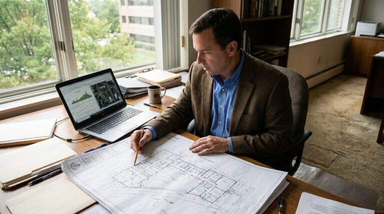 contractor reviewing preliminary site sketch at desk with laptop