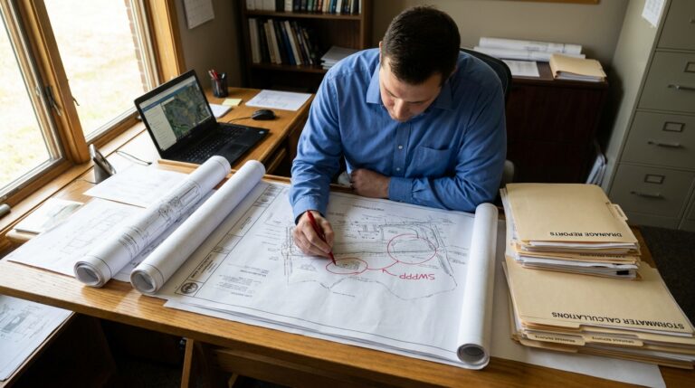 engineer marking up site grading plan with BMP locations
