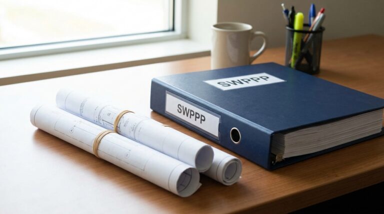 completed SWPPP binder next to rolled site plans on desk