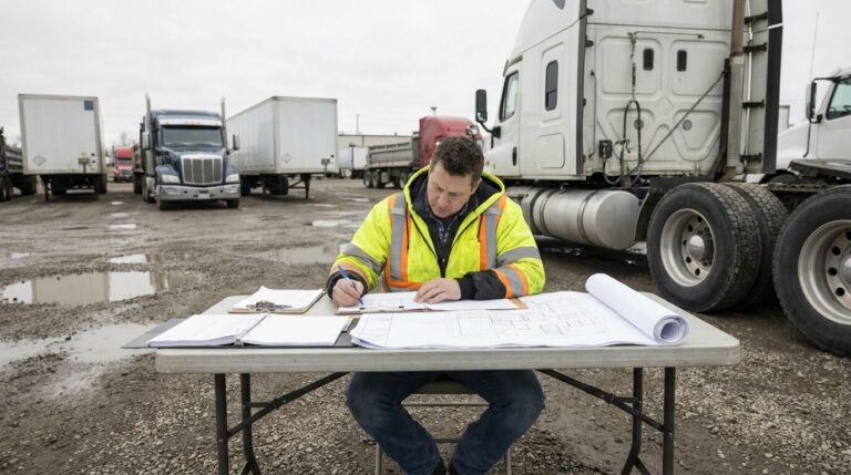 Unbranded scene of a professional reviewing stormwater documentation at an outdoor truck yard