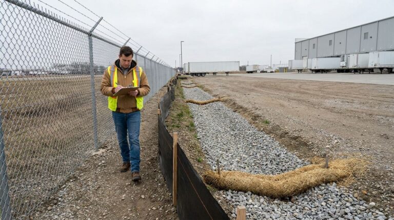 Unbranded scene of an inspector examining stormwater controls at an industrial transportation facility