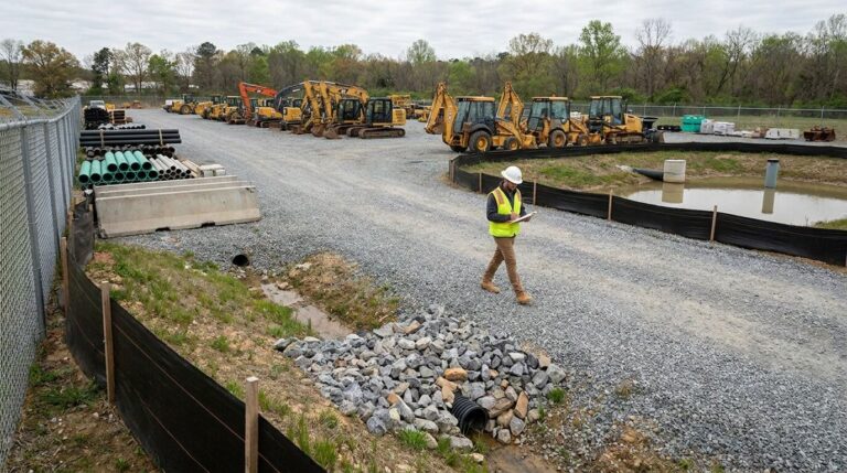 Contractor yard with organized equipment storage and stormwater best management practices