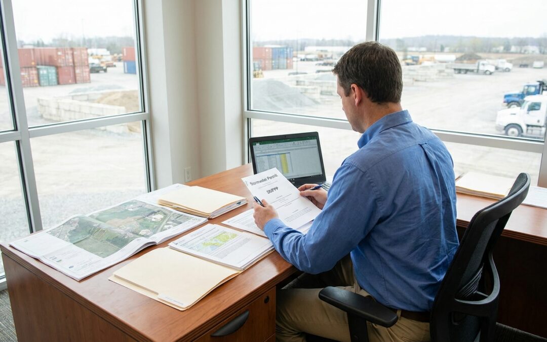 Industrial facility operator reviewing stormwater permit documents at desk with outdoor storage area visible