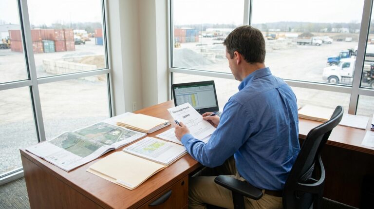 Industrial facility operator reviewing stormwater permit documents at desk with outdoor storage area visible