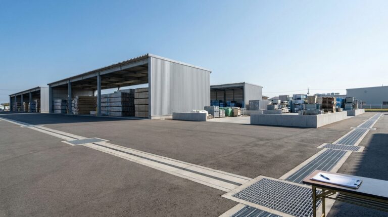 Unbranded industrial site with covered material storage and stormwater drainage features