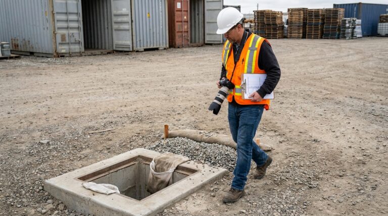 Facility manager inspecting outdoor industrial equipment and documenting stormwater controls