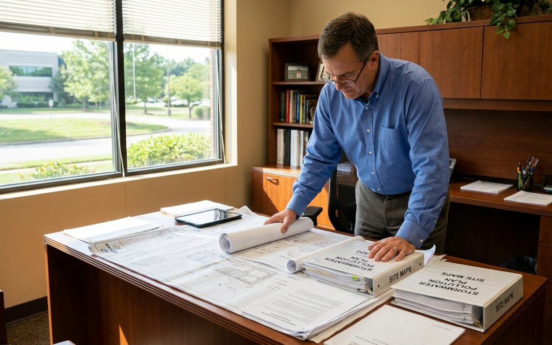 contractor reviewing stormwater plan documents at desk