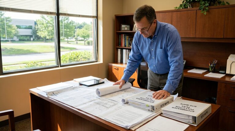 contractor reviewing stormwater plan documents at desk