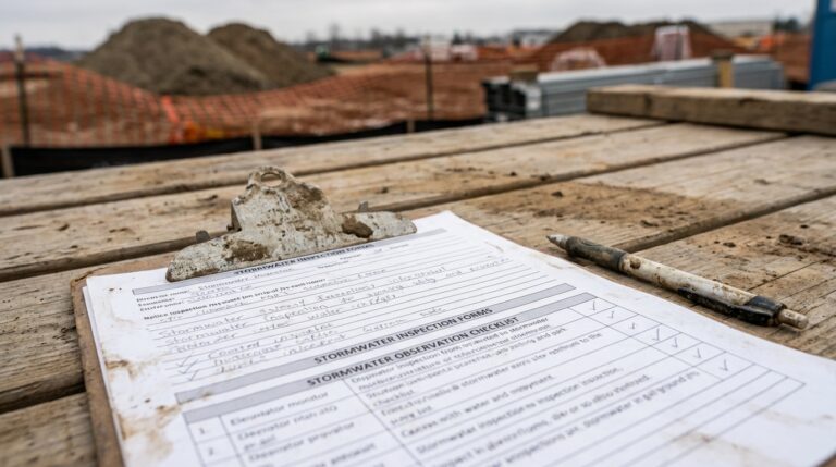 stormwater inspection documentation on clipboard