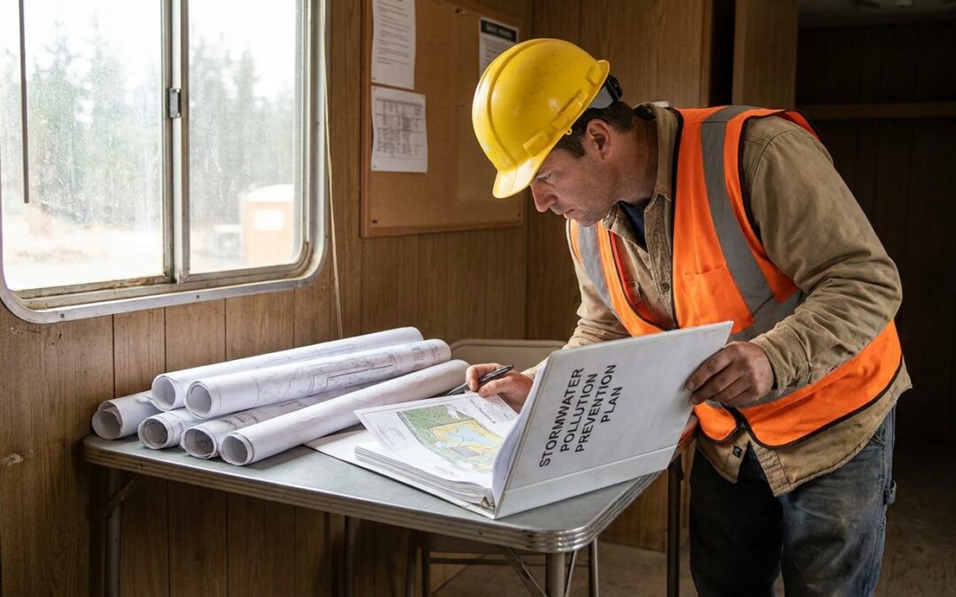 Contractor reviewing SWPPP template document at construction site office