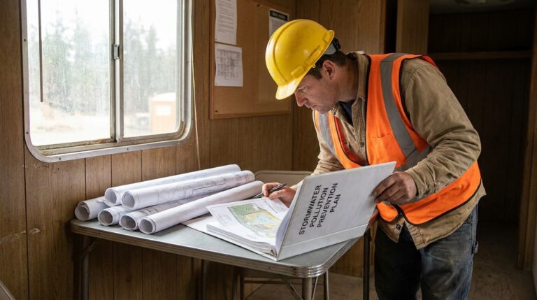 Contractor reviewing SWPPP template document at construction site office