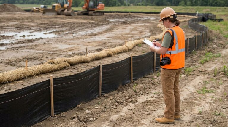 Stormwater inspector documenting erosion controls with clipboard