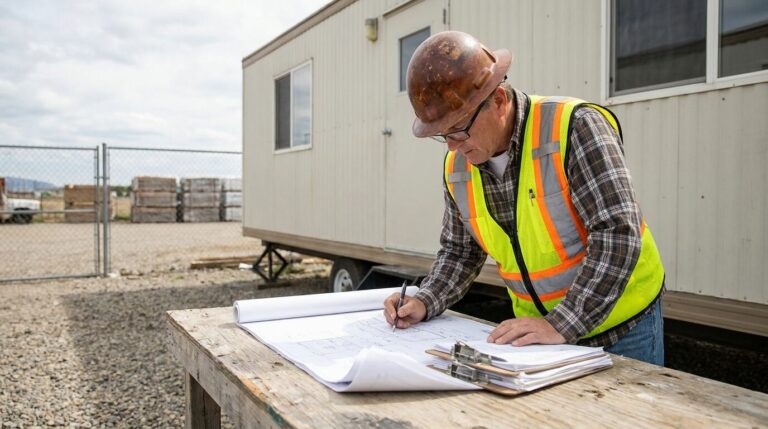 contractor reviewing construction stormwater permit documents at job site