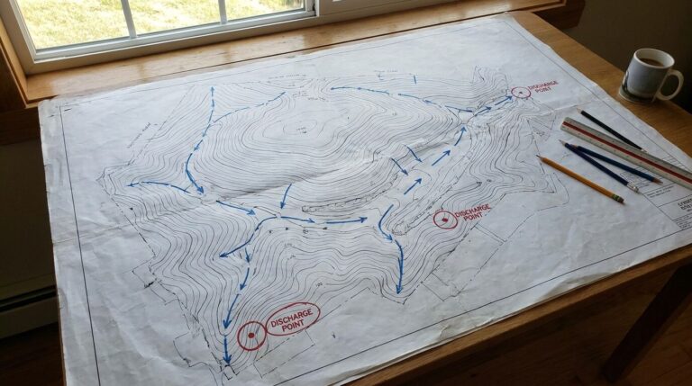 construction site map showing stormwater flow paths and discharge points