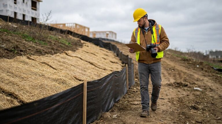 inspector documenting erosion control measures at construction site