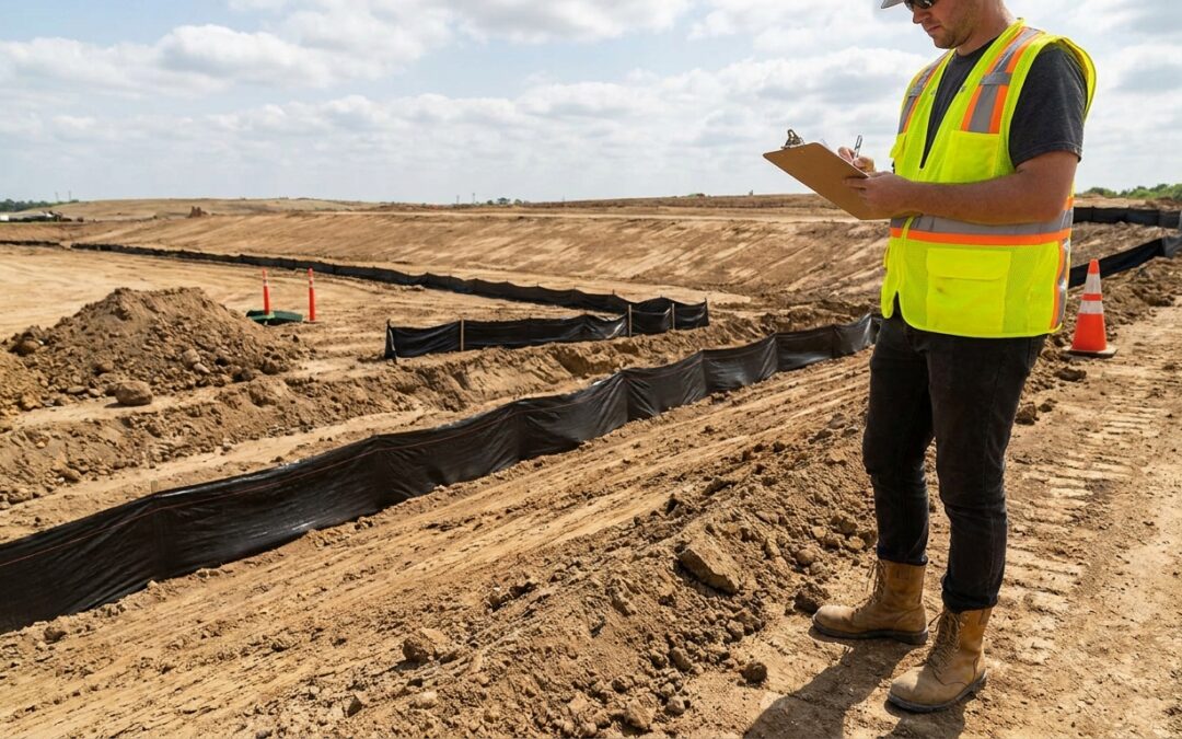 SWPPP inspector documenting erosion controls at construction site with clipboard