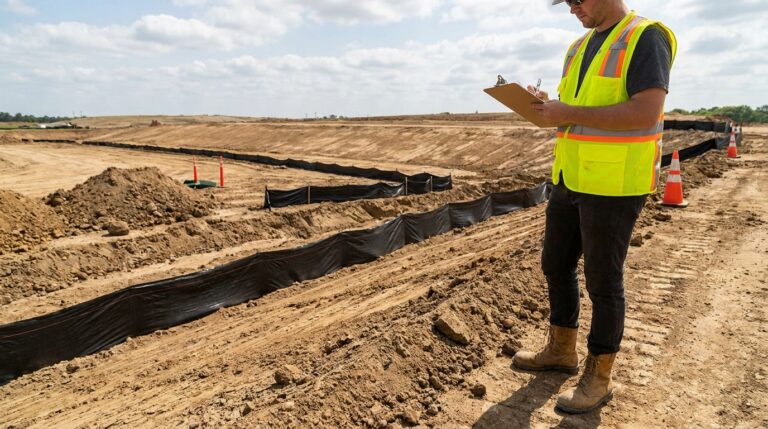 SWPPP inspector documenting erosion controls at construction site with clipboard