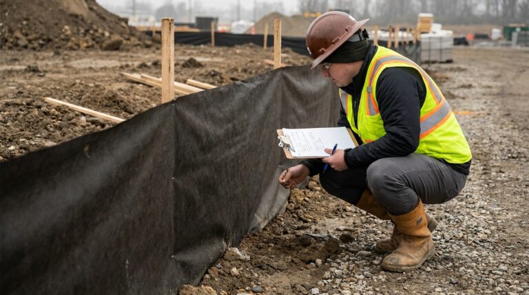 Inspector examining sediment control device and taking notes