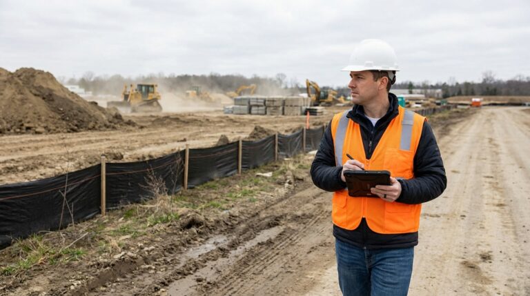 Inspector walking construction site perimeter with tablet documenting conditions