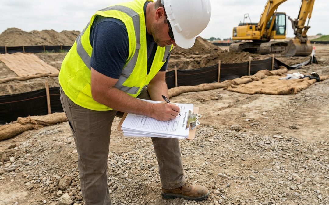 Inspector completing inspection form on construction site clipboard