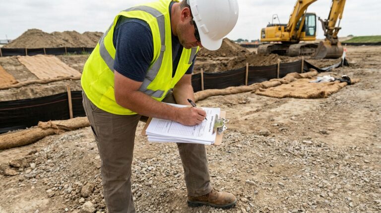 Inspector completing inspection form on construction site clipboard