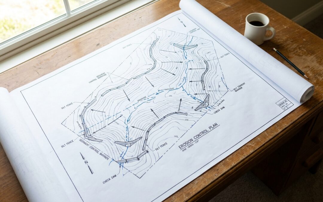 Erosion control plan drawing on desk with site map and sediment control details