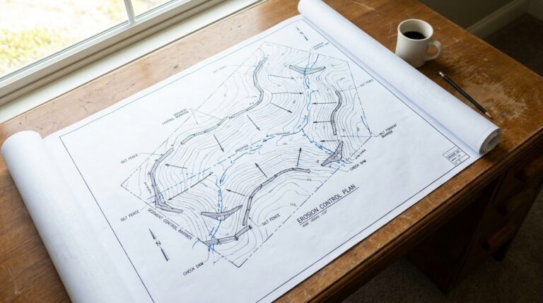 Erosion control plan drawing on desk with site map and sediment control details