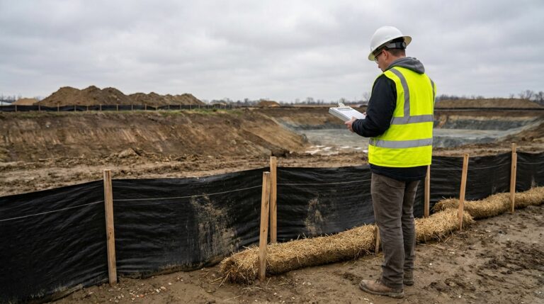 Inspector reviewing erosion control measures at construction site perimeter
