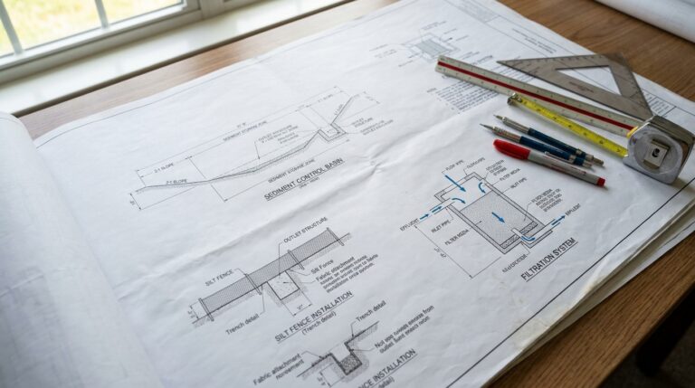 Sediment control basin and silt fence installation detail on construction plan sheet