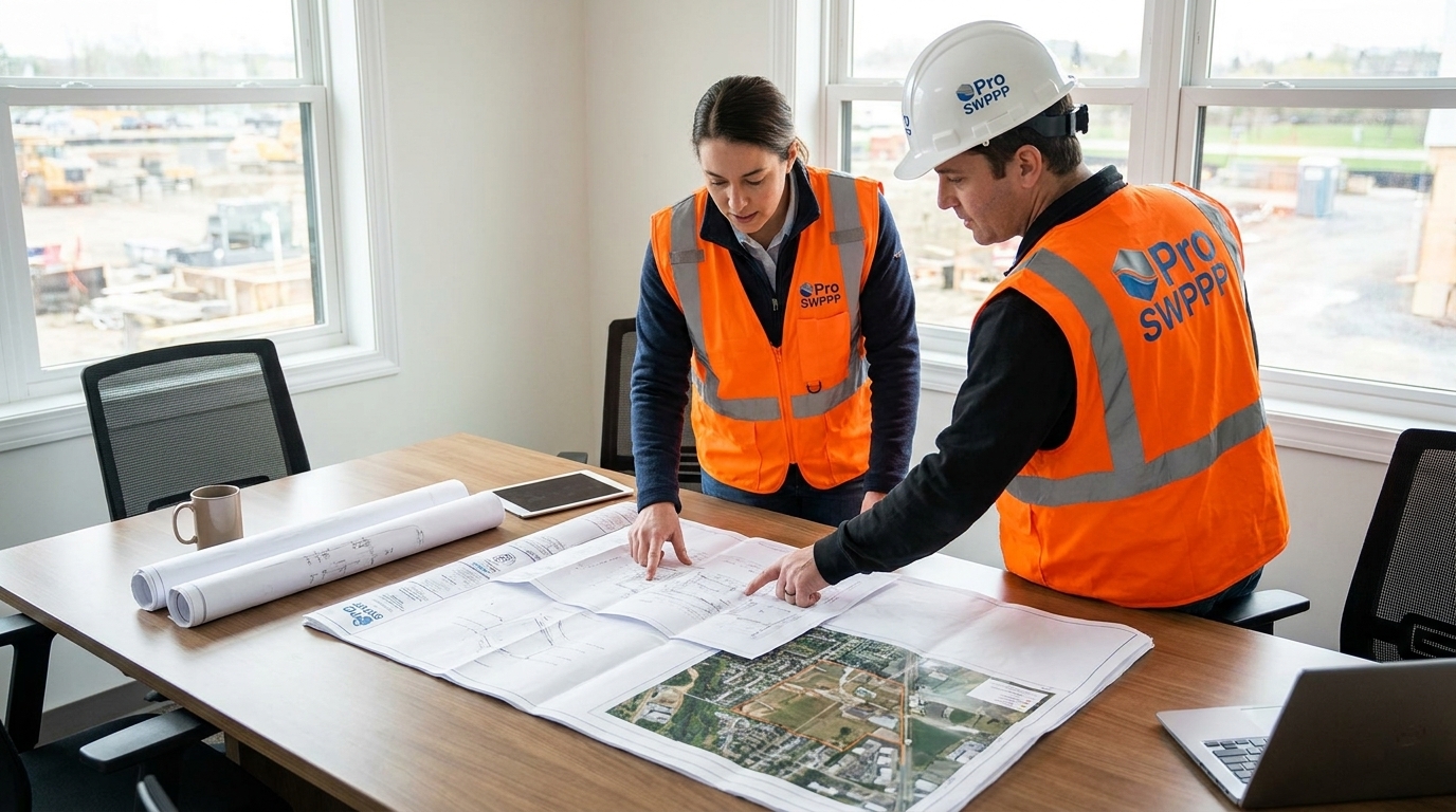 Contractor reviewing site plans and location map at construction office