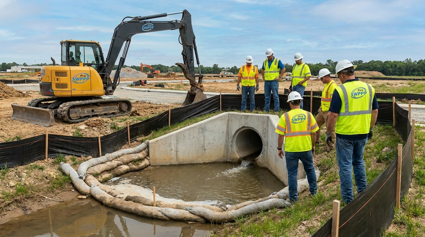 Storm drain outfall and sediment control at construction site perimeter