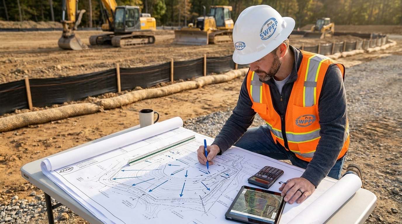 Civil engineer marking drainage flow arrows on grading plan