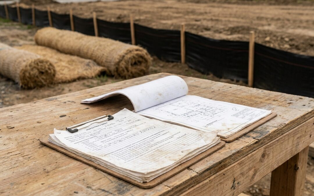Construction site documentation scene showing clipboard and erosion controls
