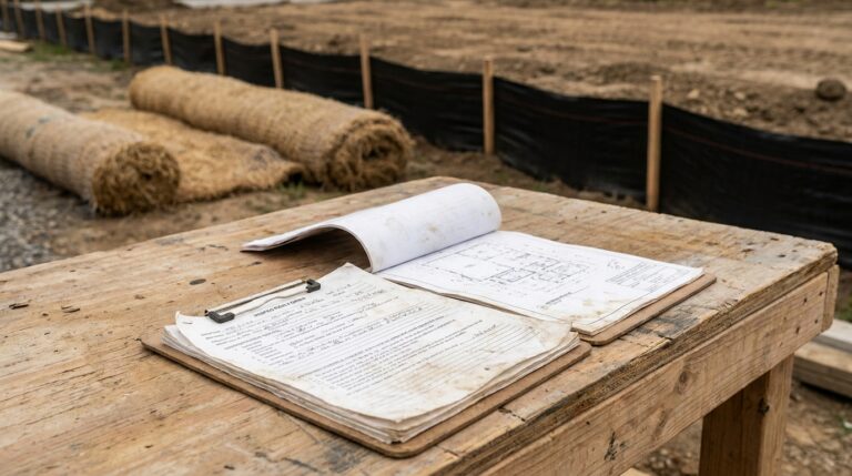 Construction site documentation scene showing clipboard and erosion controls