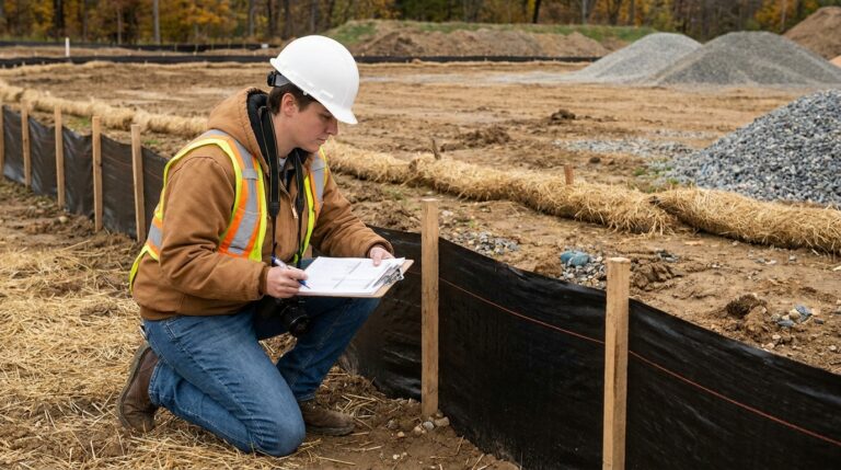 Inspector reviewing erosion control measures with documentation