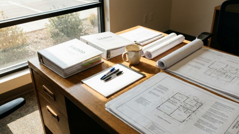 Stormwater plan documents and site map on desk